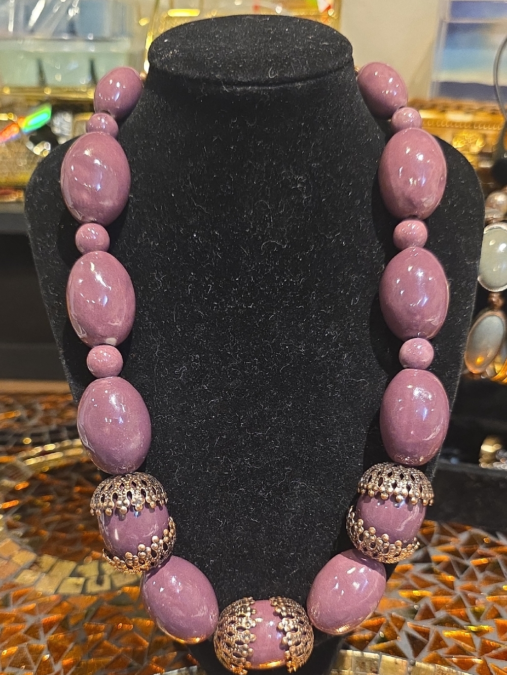 Vintage Purple Beaded Necklace with Filigree Accents